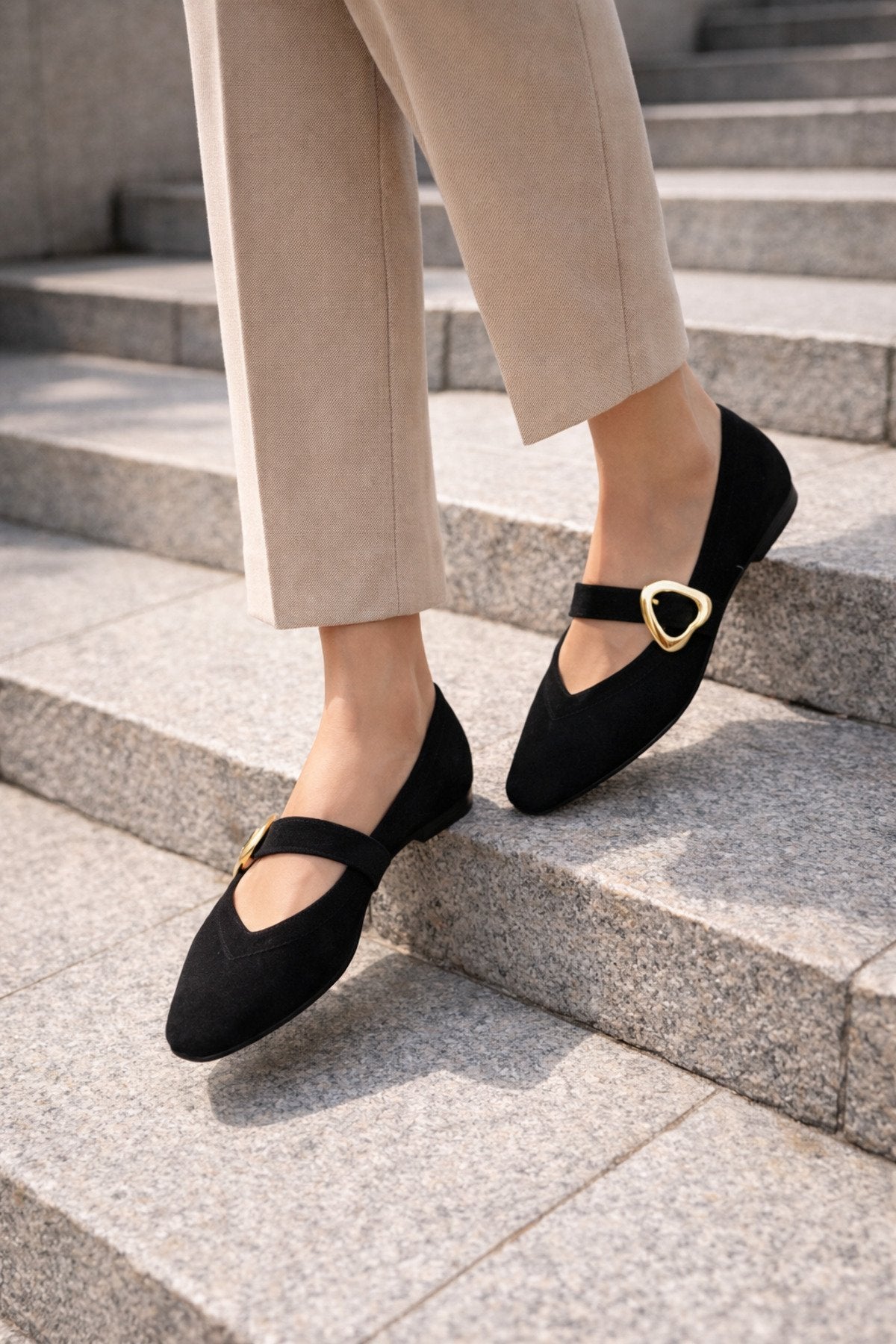 Kadın Siyah Süet Kalp Tokalı Babet Günlük Şık Mary Jane Babet