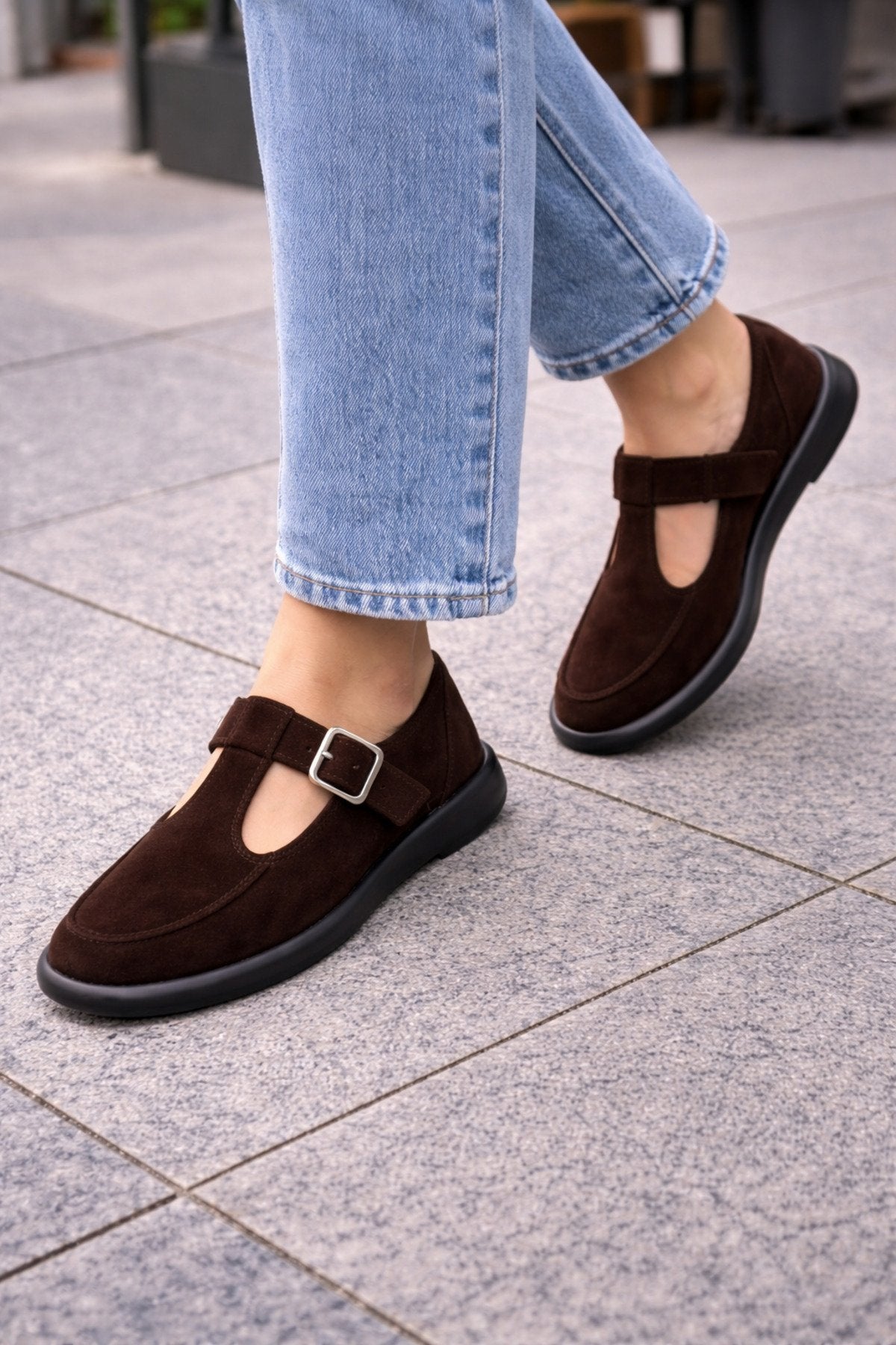 Kahverengi Süet Tokalı Kadın Babet Rahat Taban Günlük Mary Jane Kadın Ayakkabı
