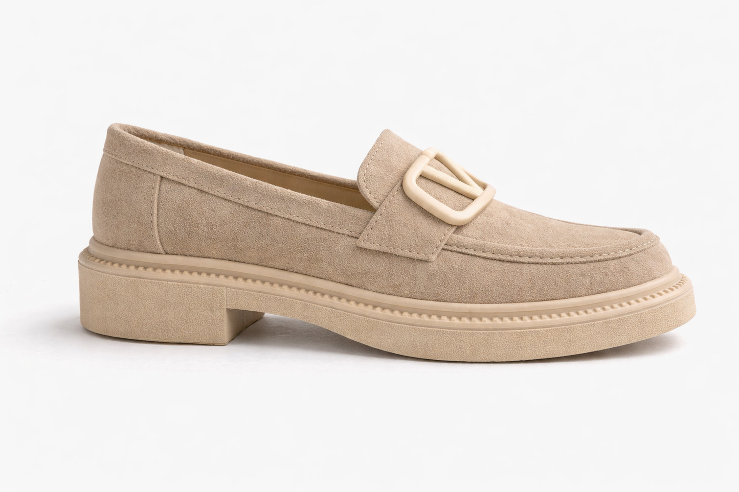 Kadın Bej Süet Tokalı Loafer Günlük Rahat Taban Makosen Ayakkabı