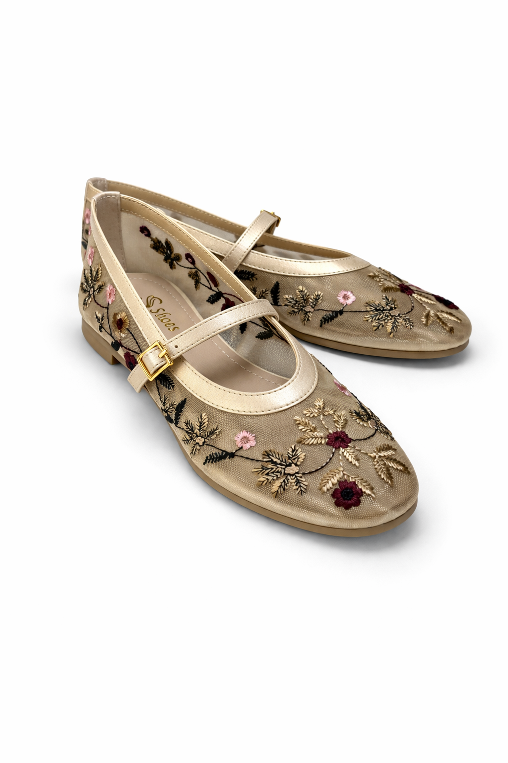 Kadın Bej Çiçek Nakışlı Mary Jane Babet Günlük Rahat Babet Ayakkabı