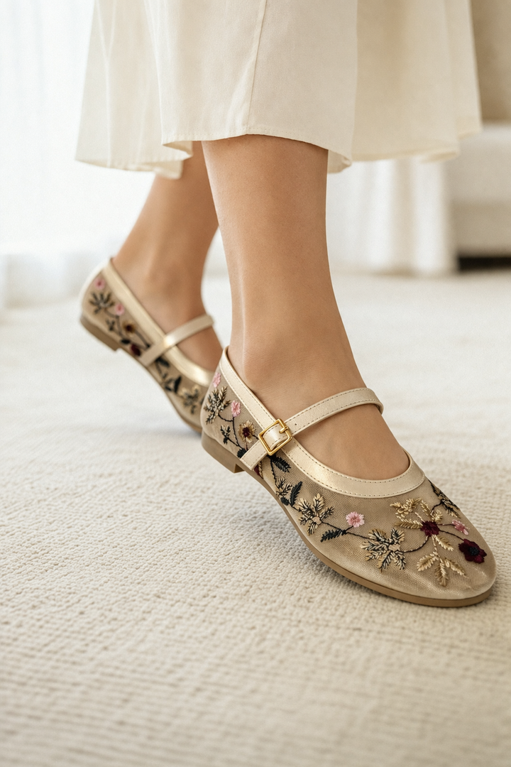 Kadın Bej Çiçek Nakışlı Mary Jane Babet Günlük Rahat Babet Ayakkabı