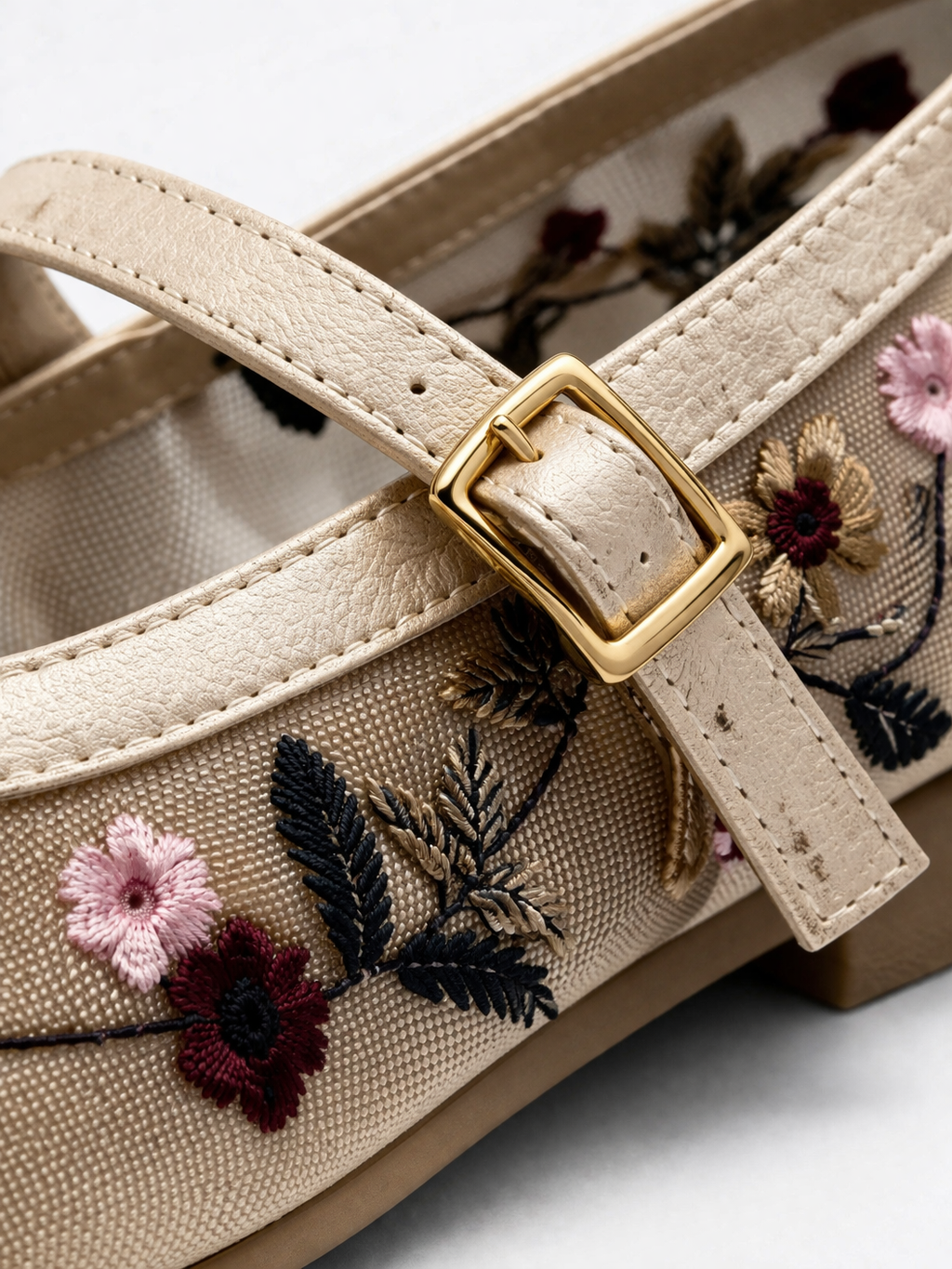 Kadın Bej Çiçek Nakışlı Mary Jane Babet Günlük Rahat Babet Ayakkabı