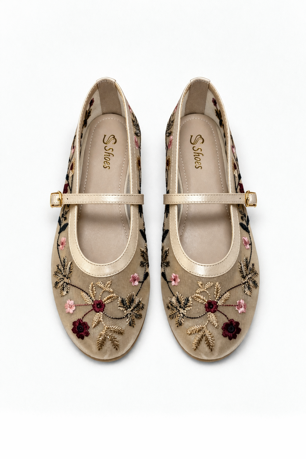 Kadın Bej Çiçek Nakışlı Mary Jane Babet Günlük Rahat Babet Ayakkabı