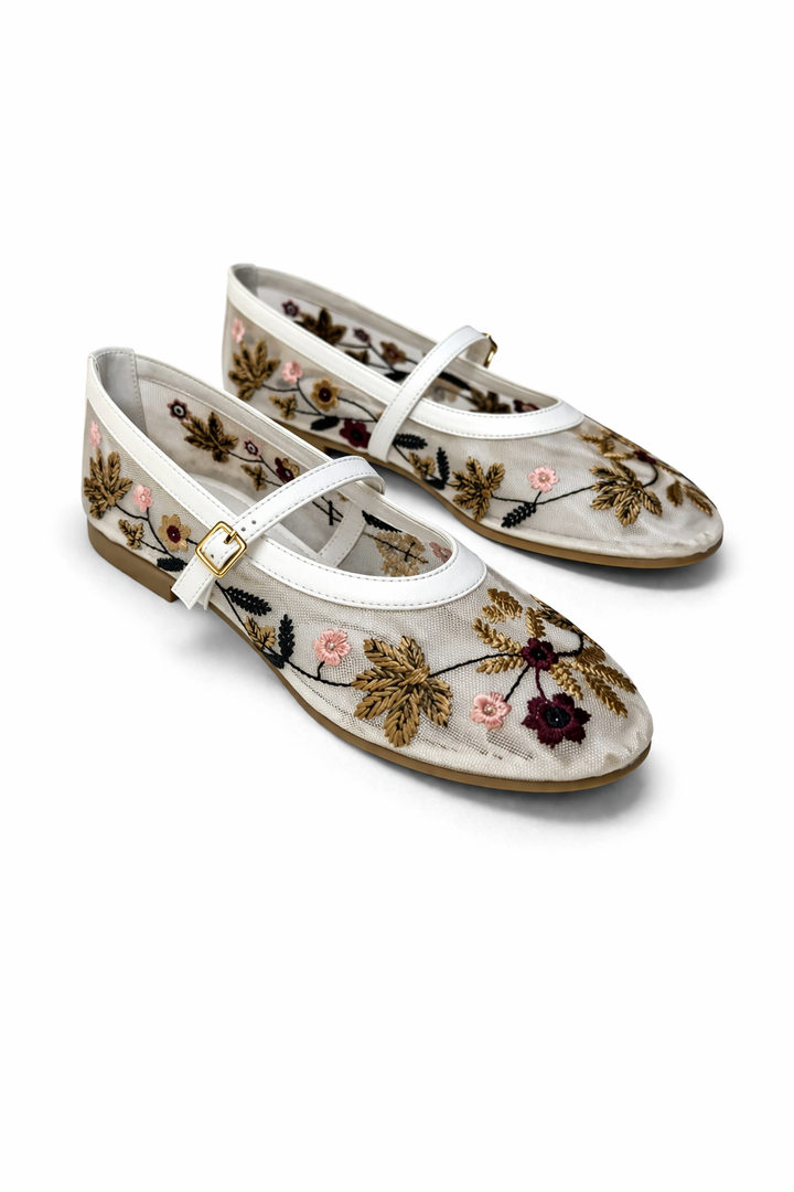 Kadın Beyaz Çiçek Nakışlı Mary Jane Babet Günlük Rahat Babet Ayakkabı