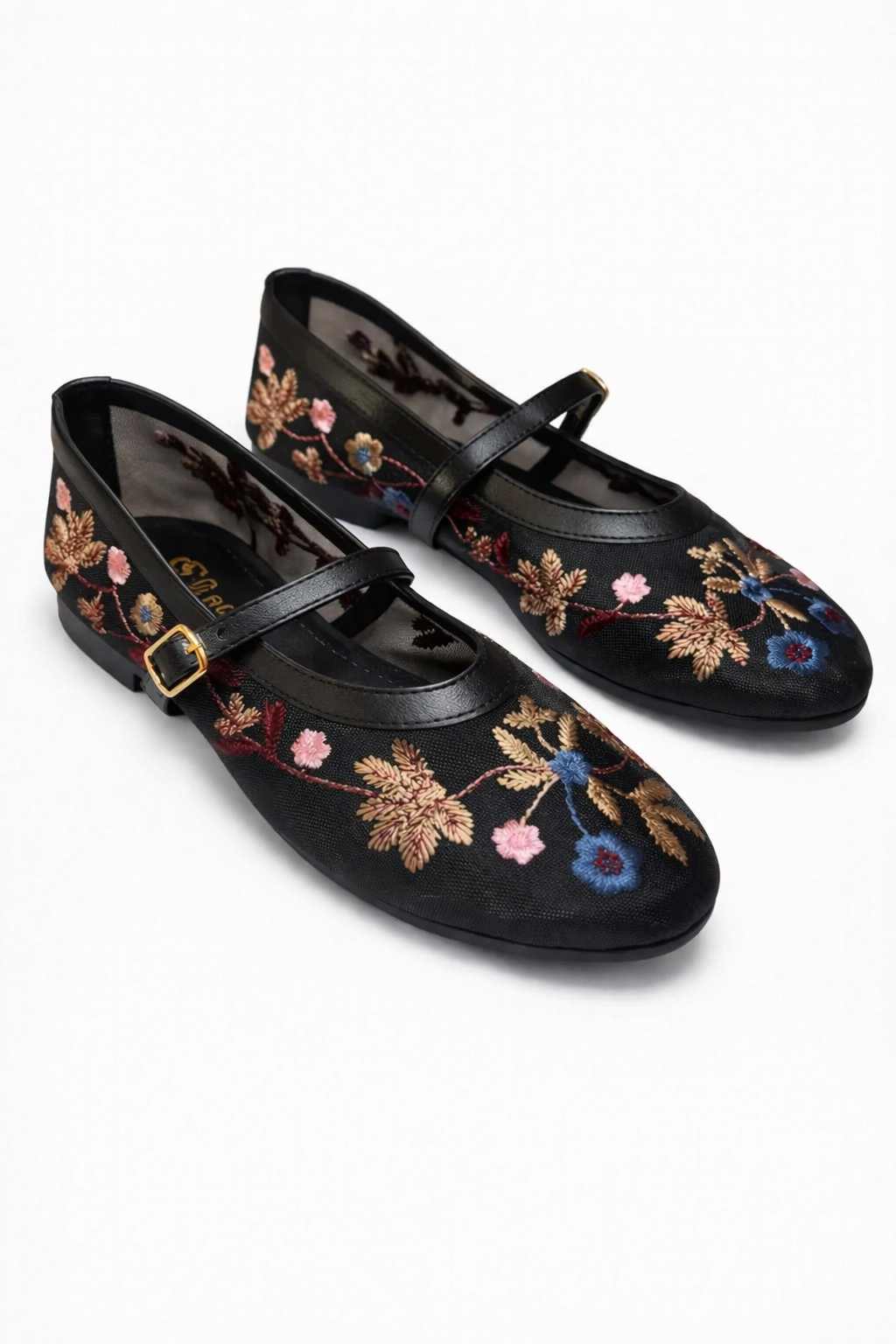 Kadın Siyah Çiçek Nakışlı Mary Jane Babet Günlük Rahat Babet Ayakkabı