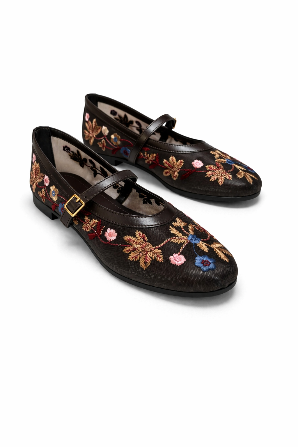Kadın Kahve Çiçek Nakışlı Mary Jane Babet Günlük Rahat Babet Ayakkabı