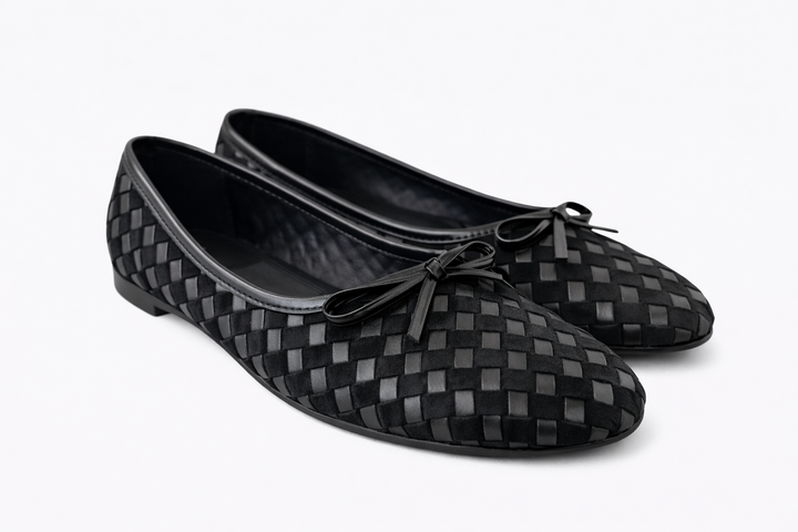 Kadın Siyah Süet ve Suni Deri Mix Dokulu Örgü Desenli Fiyonklu Babet