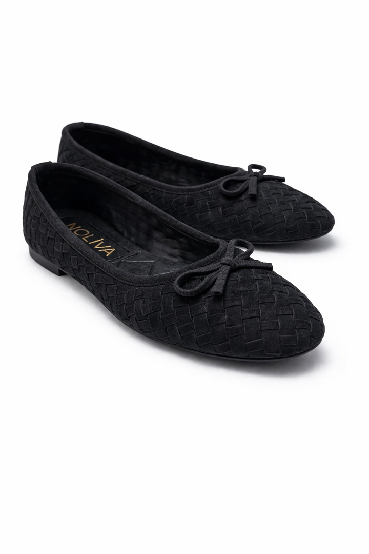 Kadın Siyah Süet Dokulu Örgü Desenli Fiyonklu Babet