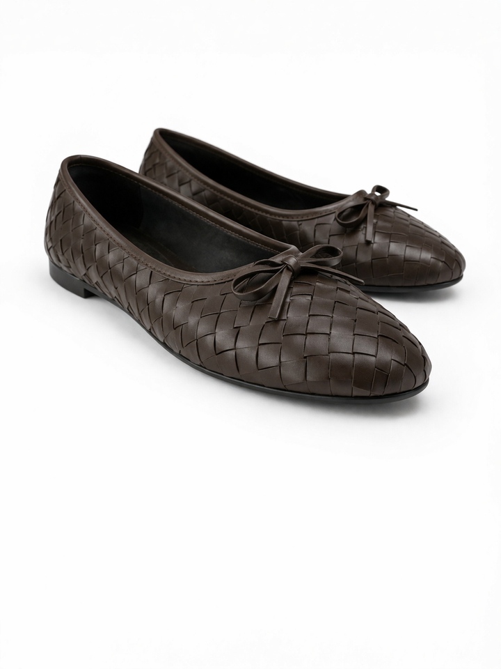 Kadın Acı Kahve Suni Deri Dokulu Örgü Desenli Fiyonklu Babet