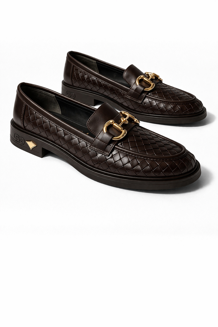 Kadın Örgü Desenli Gold Zincir Tokalı Kalın Tabanlı Loafer Ayakkabı