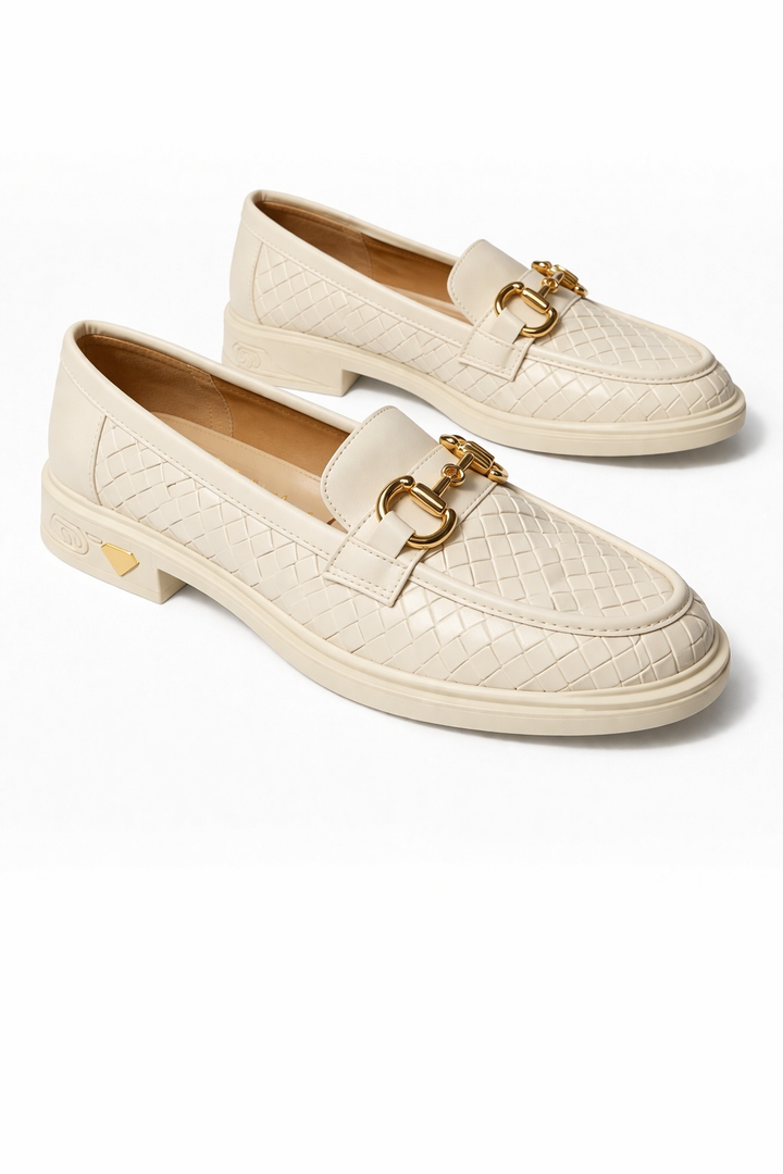 Kadın Örgü Desenli Gold Zincir Tokalı Kalın Tabanlı Loafer Ayakkabı