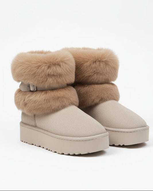 Noliva Kadın Bej Süet Içi Kürklü Yüksek Kalın Taban Kışlık Bot