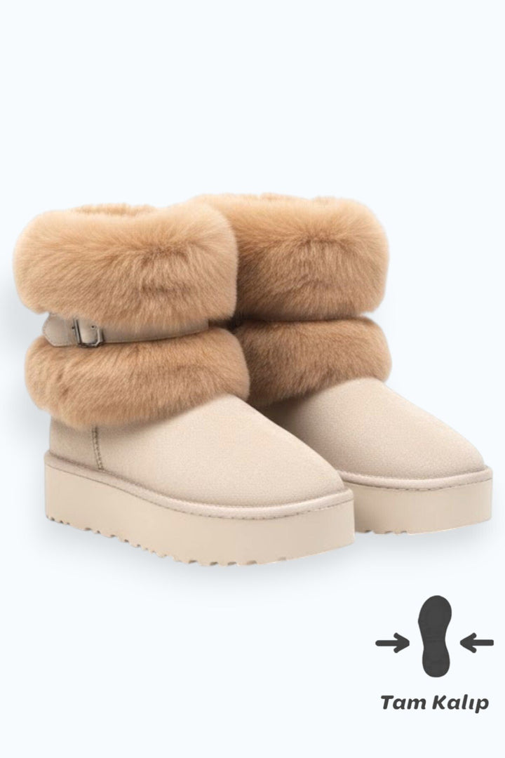 Kadın Bej Süet Içi Kürklü Yüksek Kalın Taban Kışlık Bot
