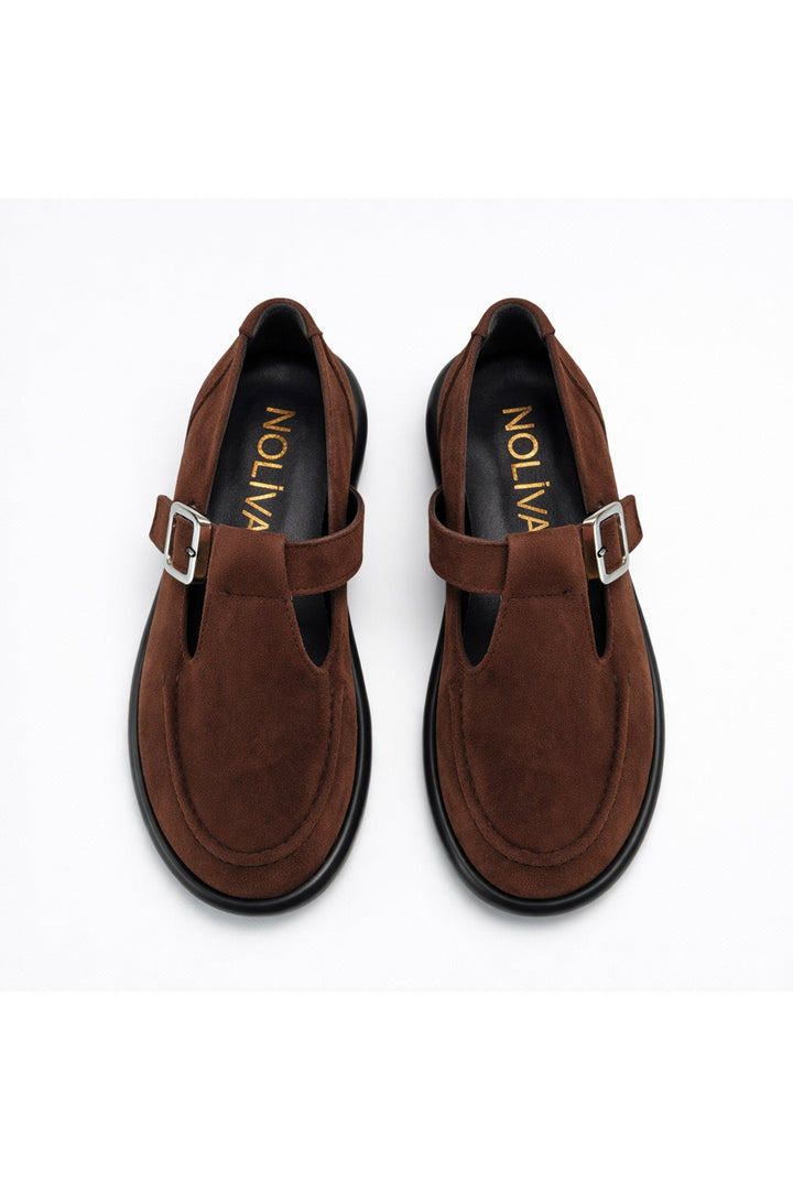 Kahverengi Süet Tokalı Kadın Babet Rahat Taban Günlük Mary Jane Kadın Ayakkabı
