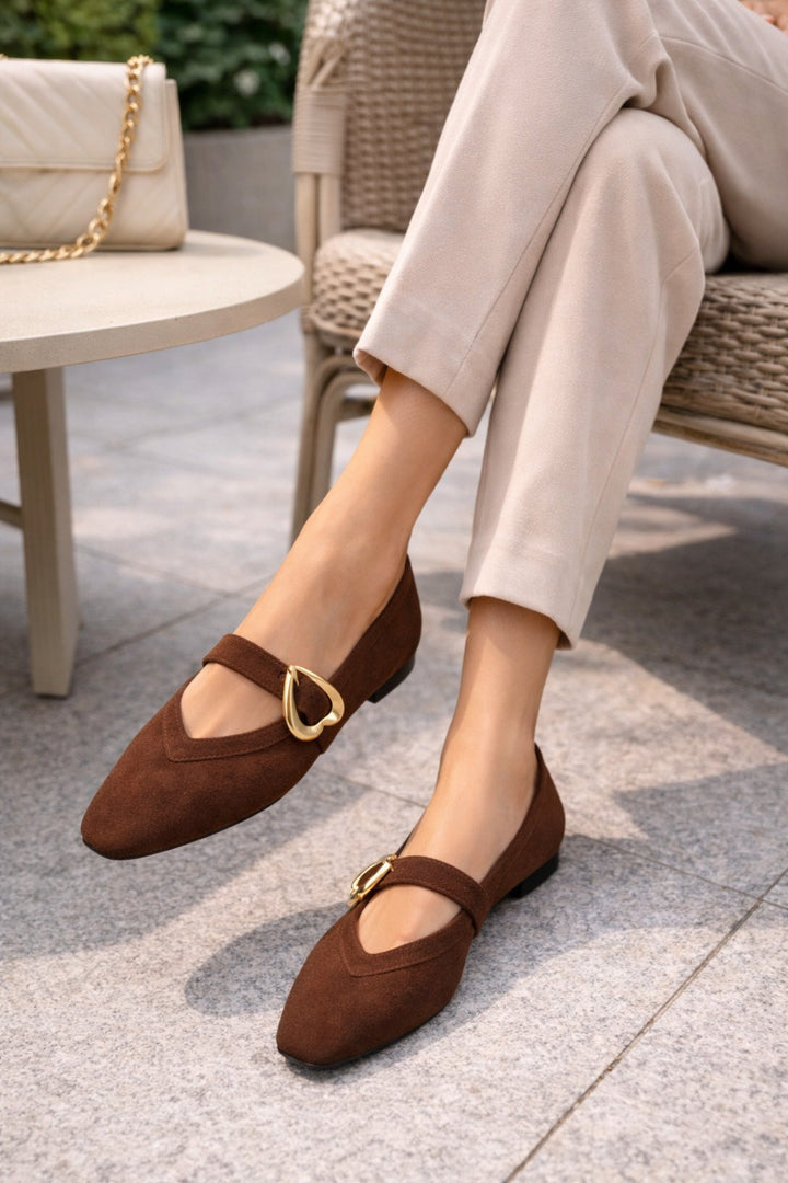 Kadın Kahverengi Süet Kalp Tokalı Babet Günlük Şık Mary Jane Babet