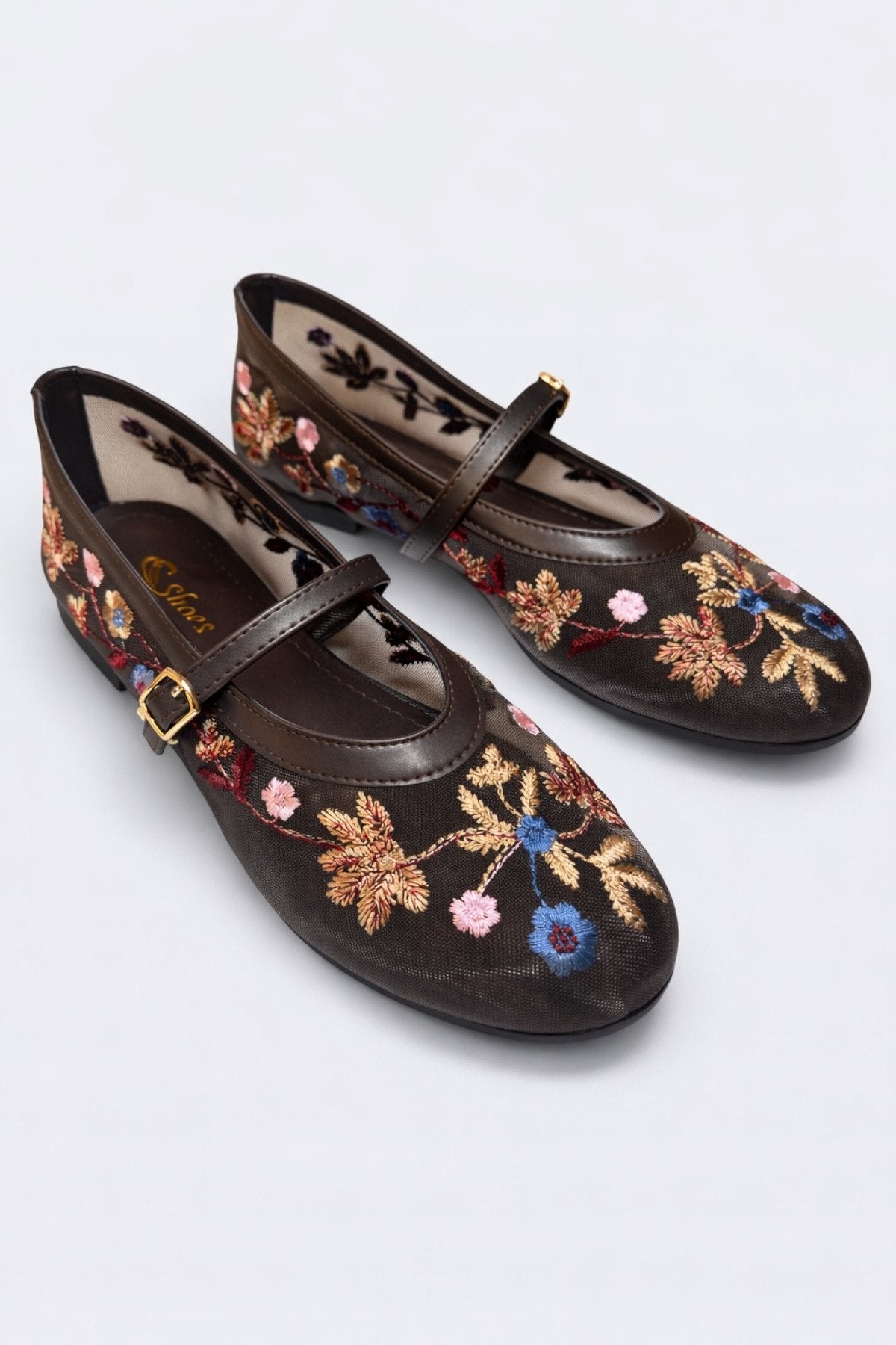 Kadın Kahve Çiçek Nakışlı Mary Jane Babet Günlük Rahat Babet Ayakkabı