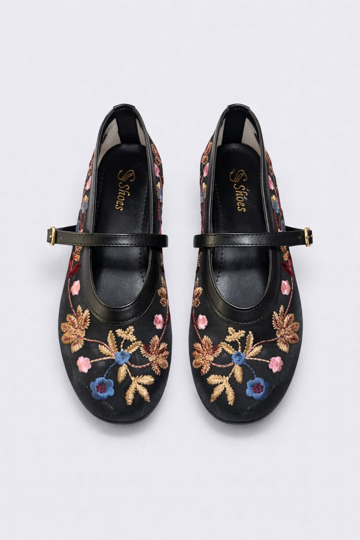 Kadın Siyah Çiçek Nakışlı Mary Jane Babet Günlük Rahat Babet Ayakkabı