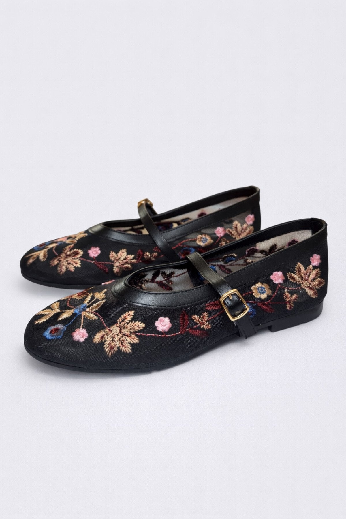 Kadın Siyah Çiçek Nakışlı Mary Jane Babet Günlük Rahat Babet Ayakkabı