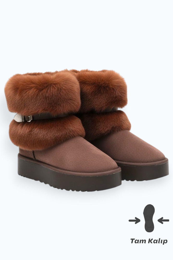 Kadın Kahve Süet Içi Kürklü Yüksek Kalın Taban Kışlık Bot