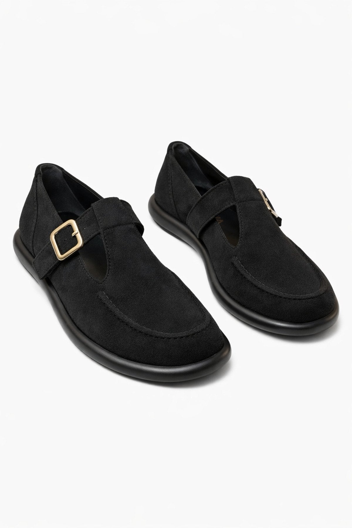 Siyah Süet Tokalı Kadın Babet Rahat Taban Günlük Mary Jane Kadın Ayakkabı