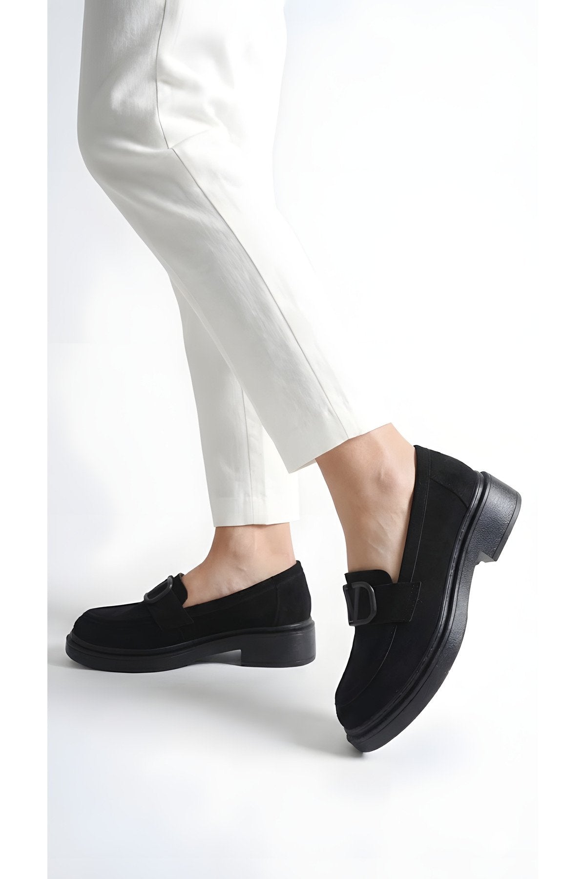 Kadın Siyah Süet Tokalı Loafer Günlük Rahat Taban Makosen Ayakkabı