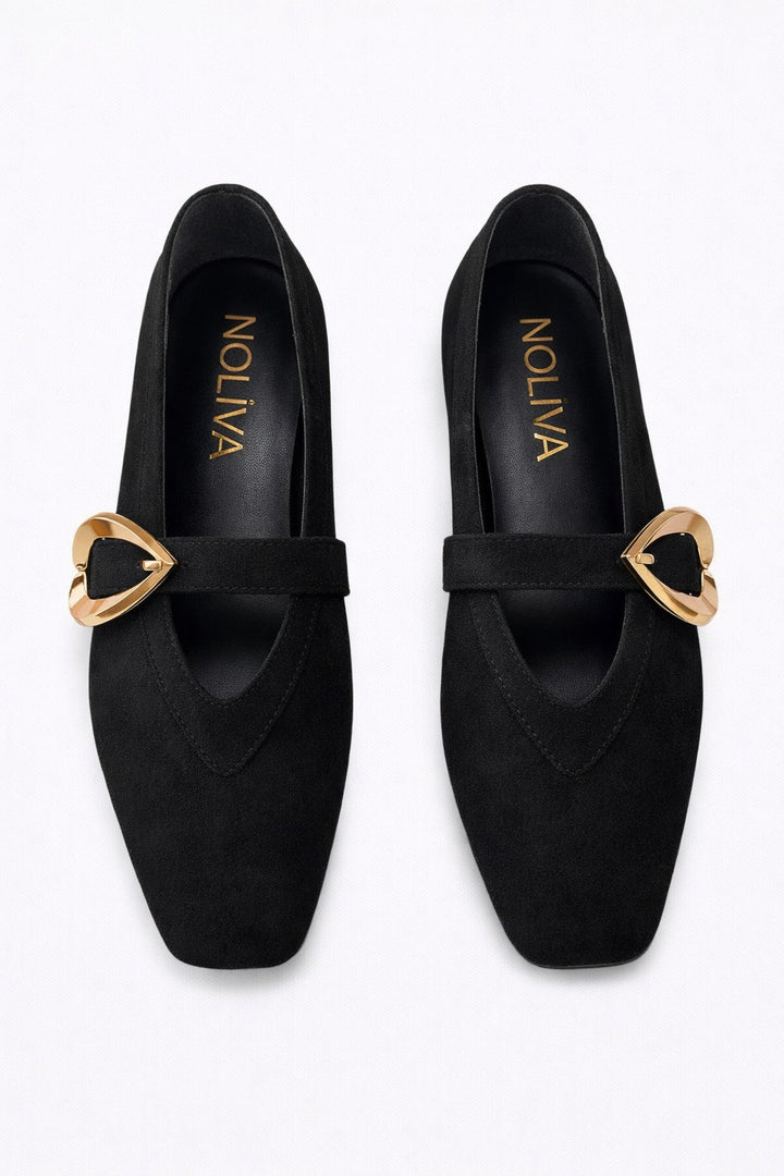 Kadın Siyah Süet Kalp Tokalı Babet Günlük Şık Mary Jane Babet