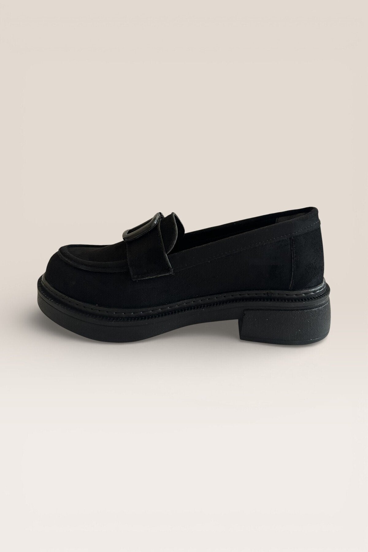 Kadın Siyah Süet Tokalı Loafer Günlük Rahat Taban Makosen Ayakkabı