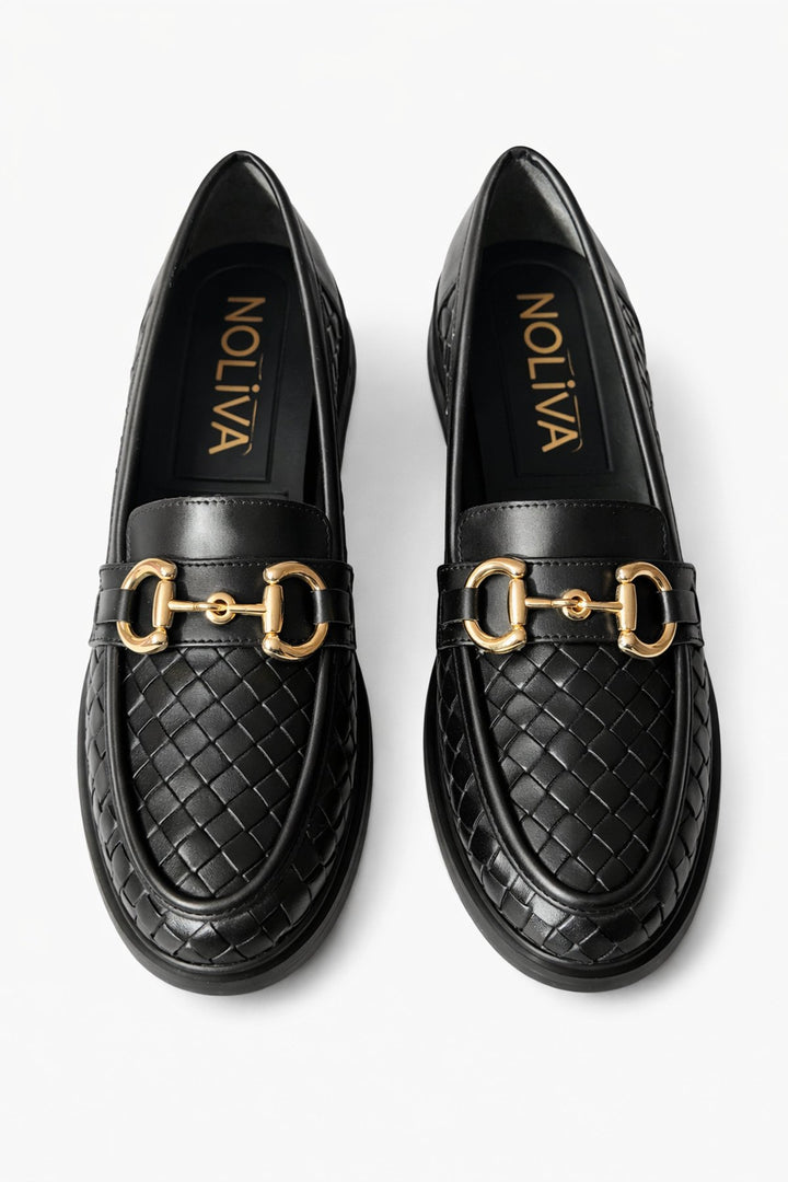 Kadın Örgü Desenli Gold Zincir Tokalı Kalın Tabanlı Loafer Ayakkabı