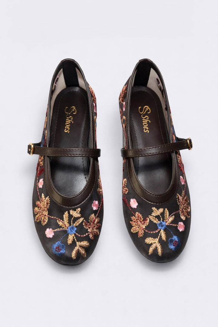 Kadın Kahve Çiçek Nakışlı Mary Jane Babet Günlük Rahat Babet Ayakkabı