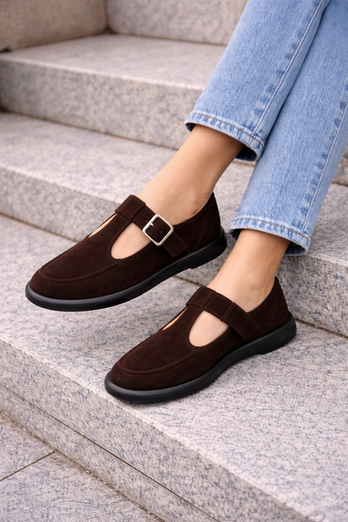 Kahverengi Süet Tokalı Kadın Babet Rahat Taban Günlük Mary Jane Kadın Ayakkabı