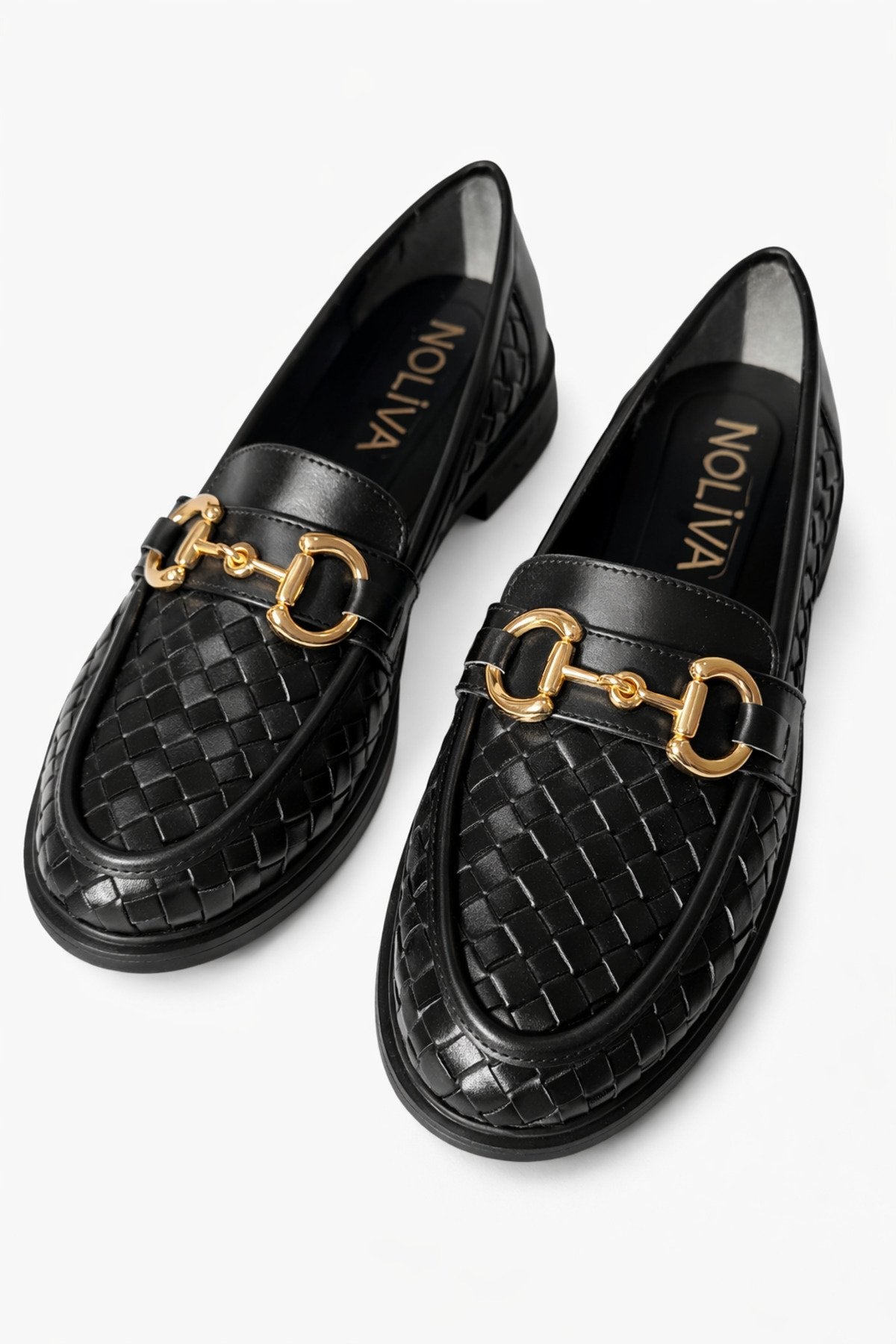 Kadın Örgü Desenli Gold Zincir Tokalı Kalın Tabanlı Loafer Ayakkabı