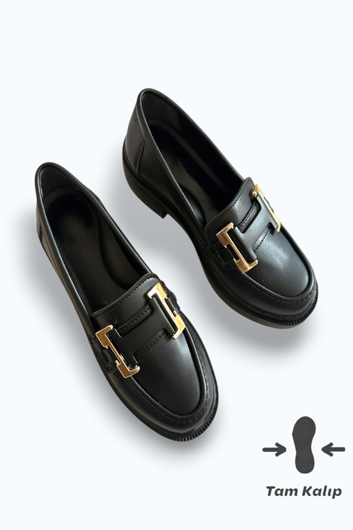 Kadın Siyah Cilt Tokalı Loafer Günlük Makosen Ofis Ayakkabısı