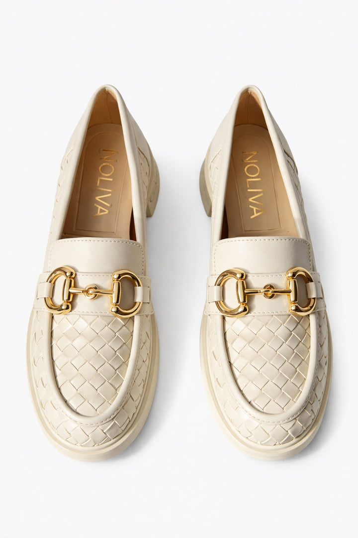 Kadın Örgü Desenli Gold Zincir Tokalı Kalın Tabanlı Loafer Ayakkabı