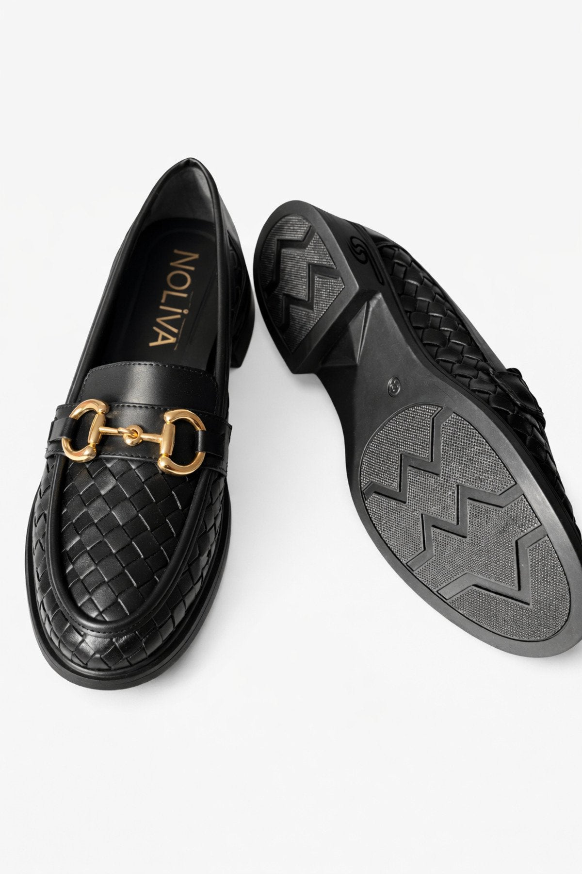 Kadın Örgü Desenli Gold Zincir Tokalı Kalın Tabanlı Loafer Ayakkabı