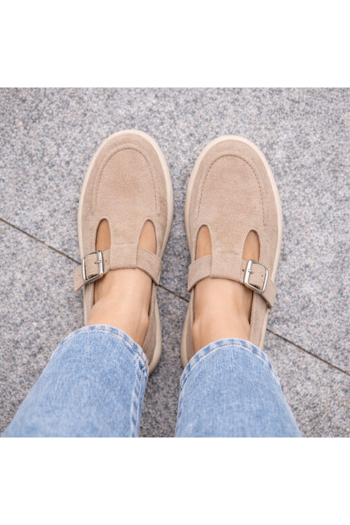 Bej Süet Tokalı Kadın Babet Rahat Taban Günlük Mary Jane Kadın Ayakkabı