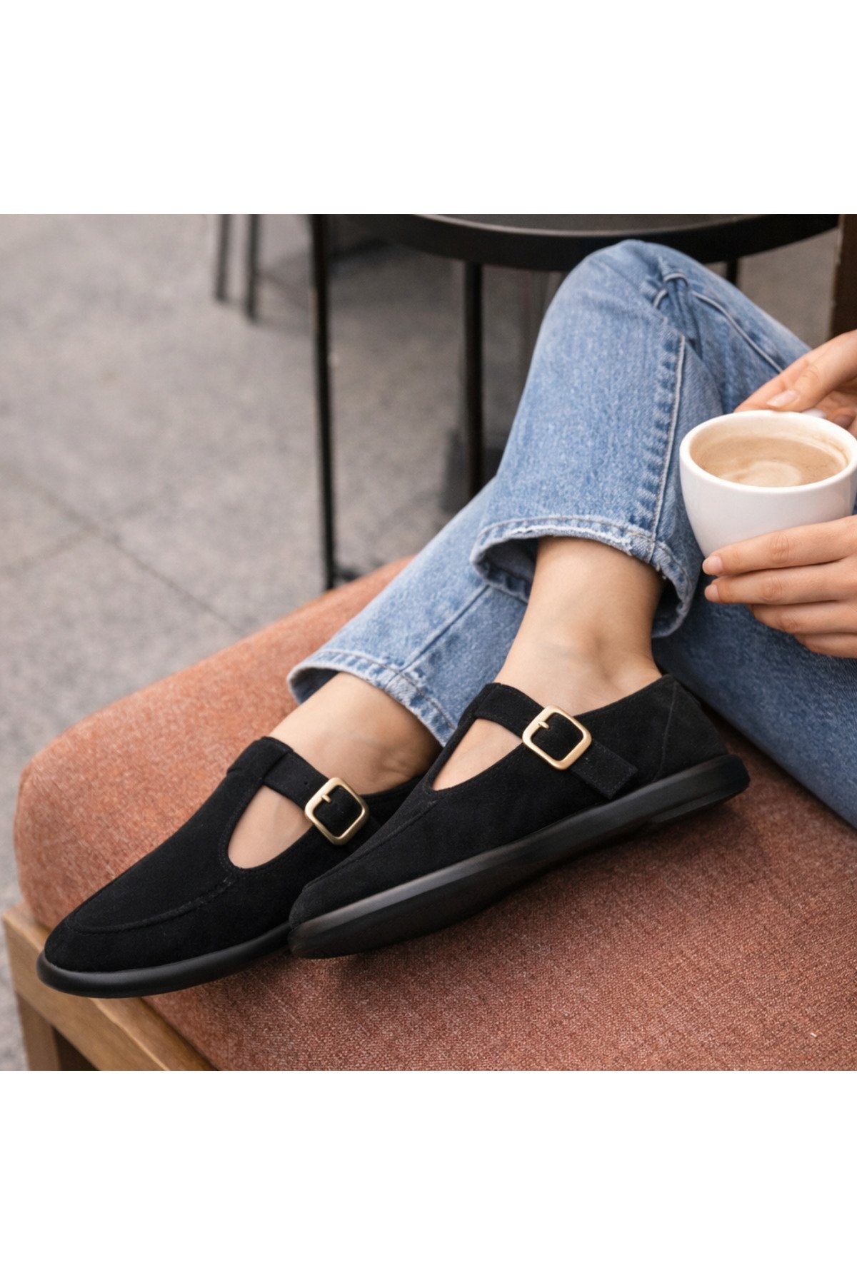 Siyah Süet Tokalı Kadın Babet Rahat Taban Günlük Mary Jane Kadın Ayakkabı
