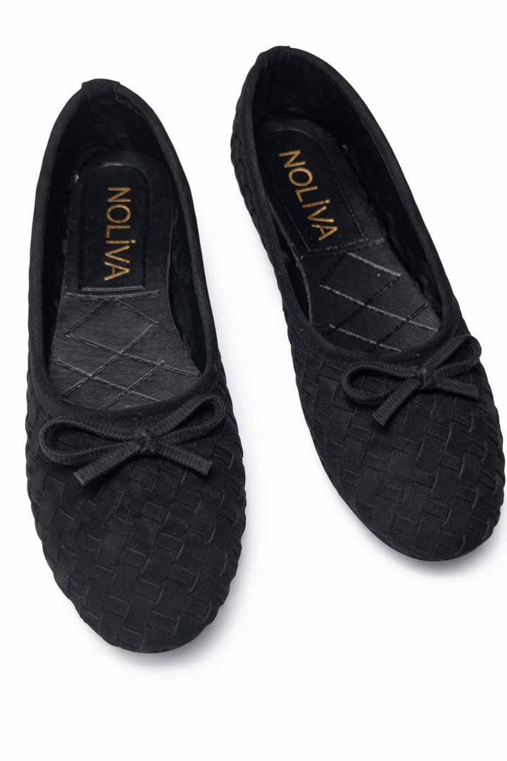 Kadın Siyah Süet Dokulu Örgü Desenli Fiyonklu Babet