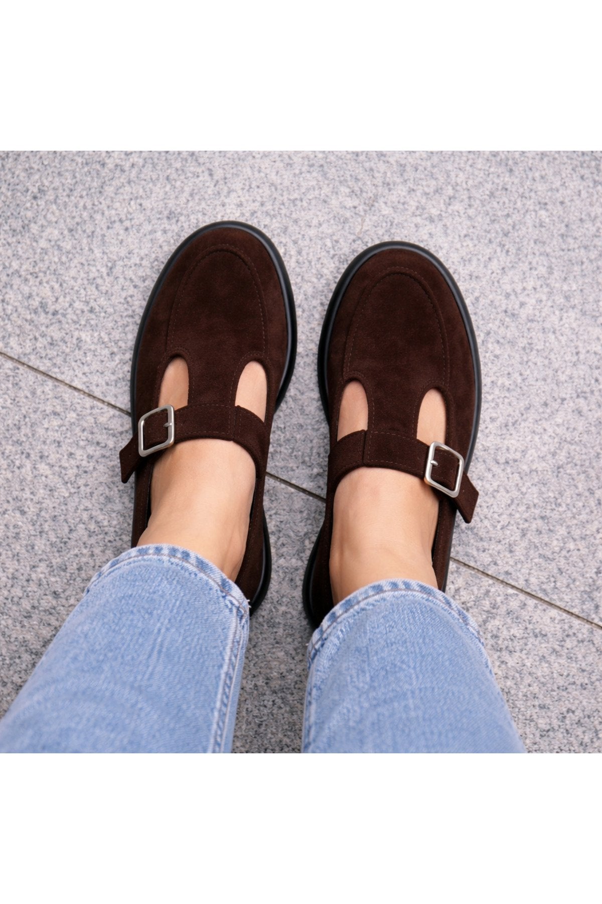 Kahverengi Süet Tokalı Kadın Babet Rahat Taban Günlük Mary Jane Kadın Ayakkabı