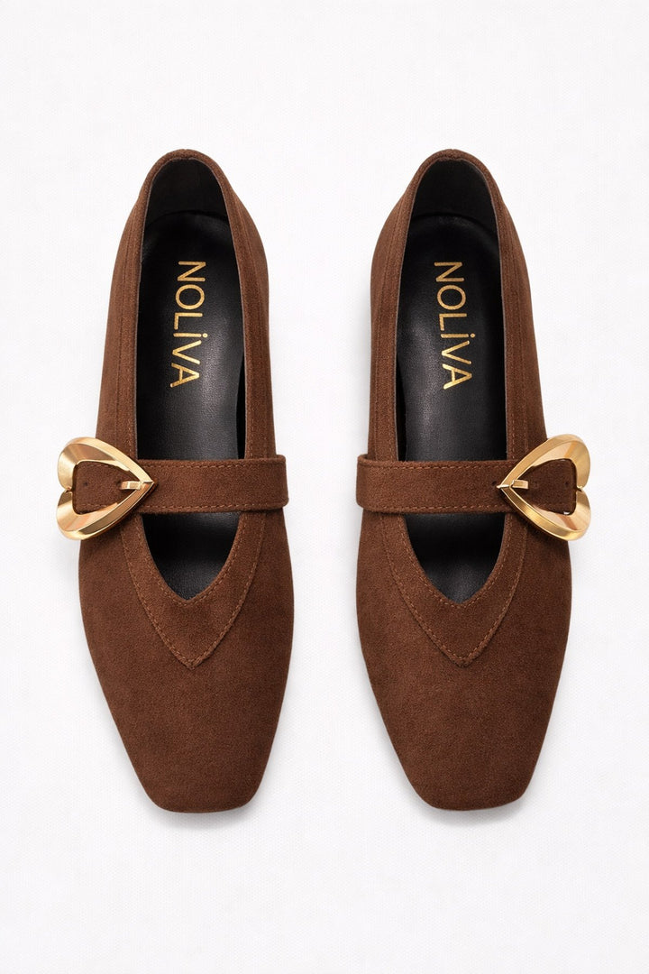 Kadın Kahverengi Süet Kalp Tokalı Babet Günlük Şık Mary Jane Babet