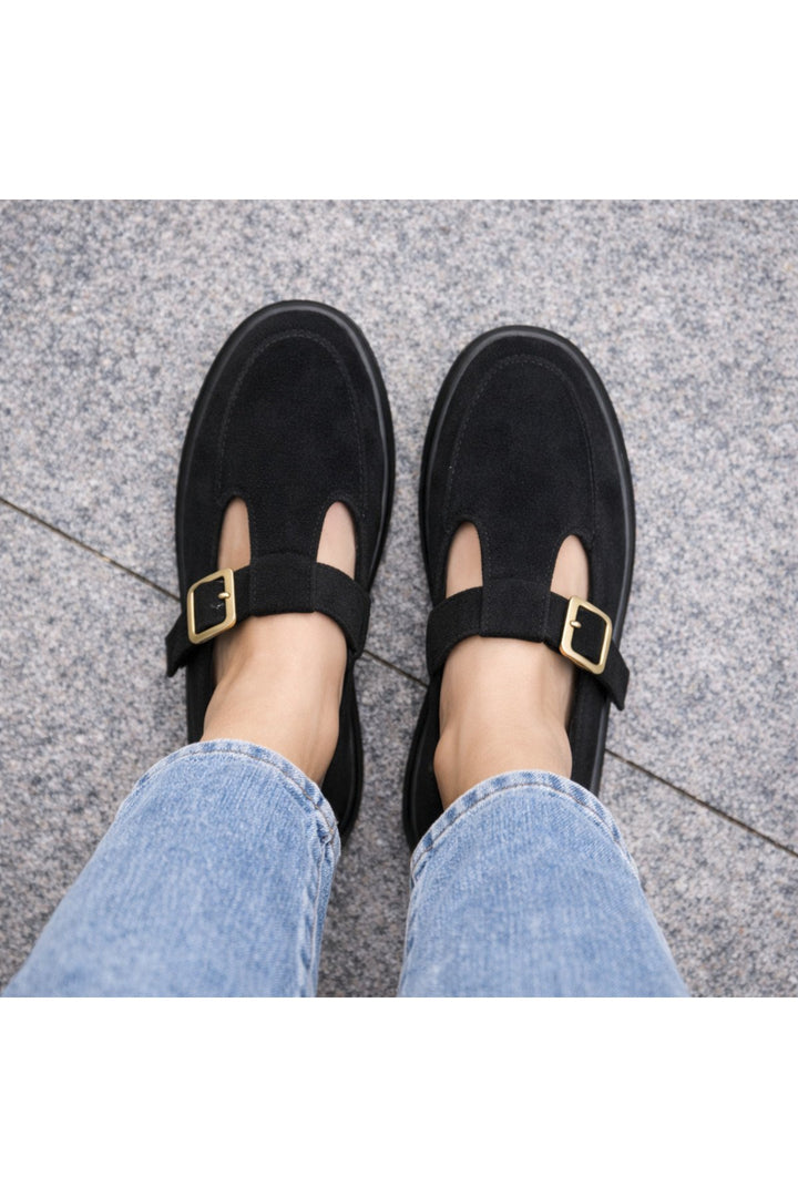 Siyah Süet Tokalı Kadın Babet Rahat Taban Günlük Mary Jane Kadın Ayakkabı