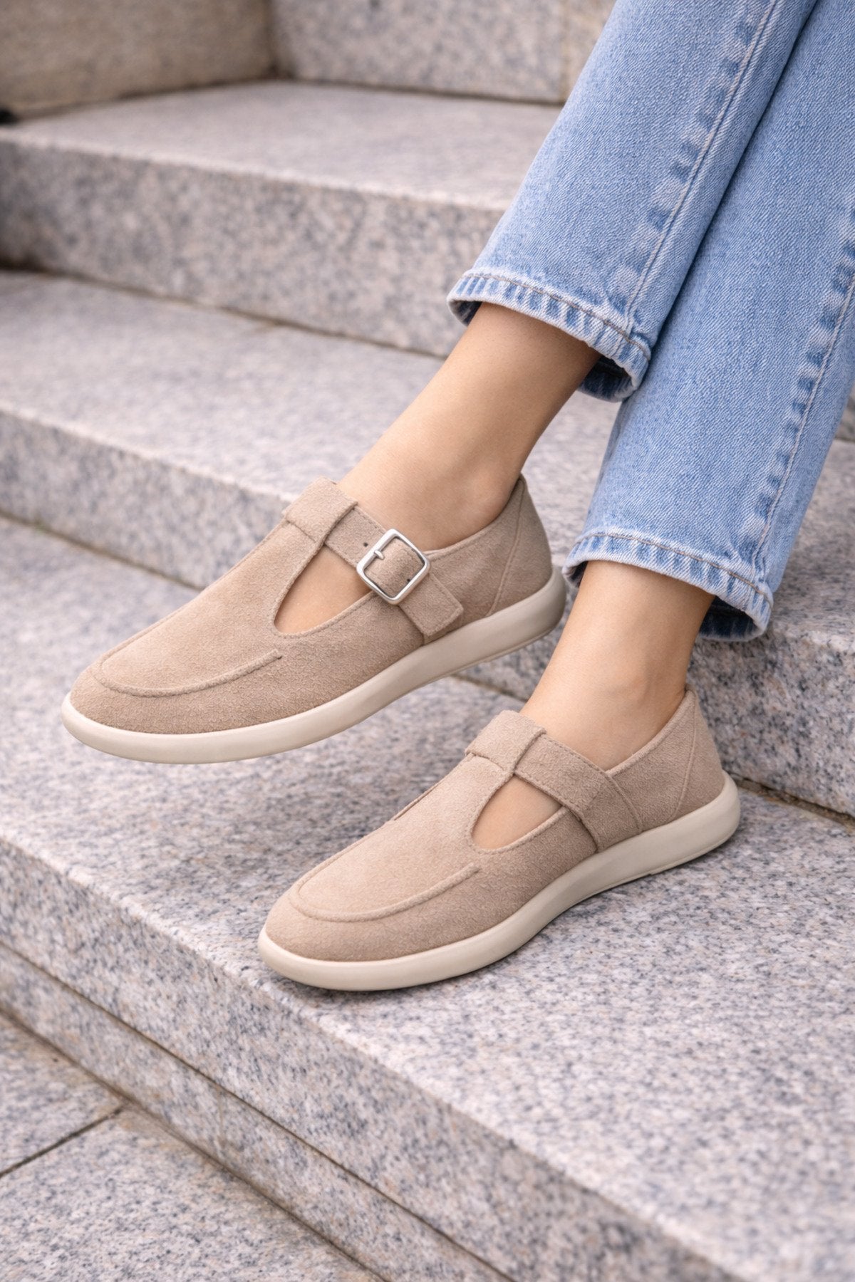 Bej Süet Tokalı Kadın Babet Rahat Taban Günlük Mary Jane Kadın Ayakkabı