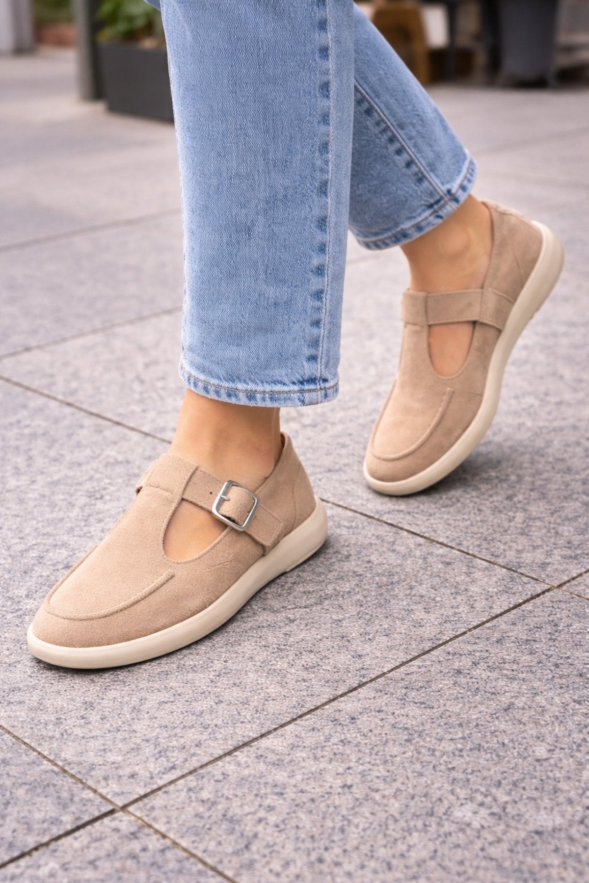 Bej Süet Tokalı Kadın Babet Rahat Taban Günlük Mary Jane Kadın Ayakkabı