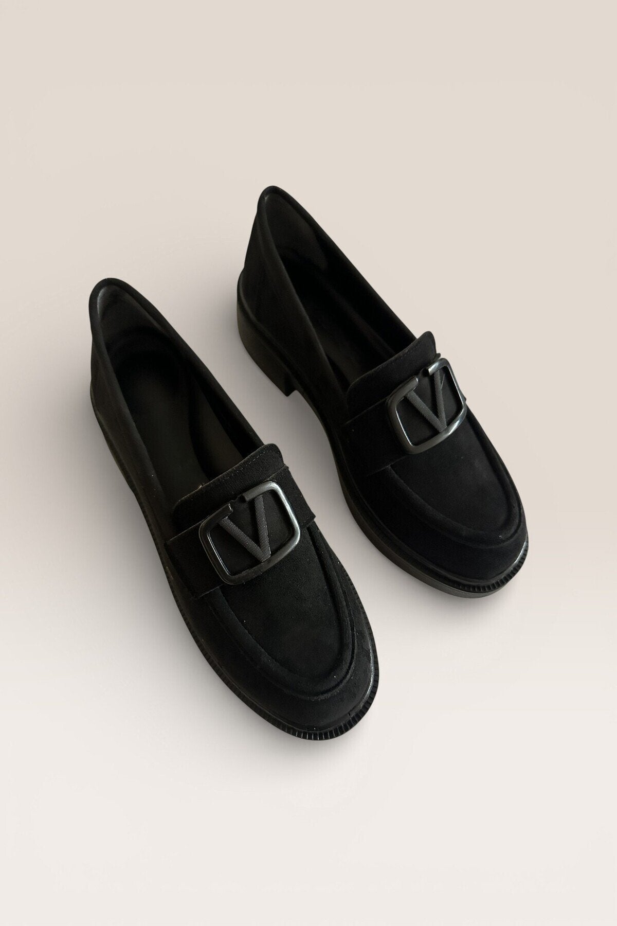 Kadın Siyah Süet Tokalı Loafer Günlük Rahat Taban Makosen Ayakkabı