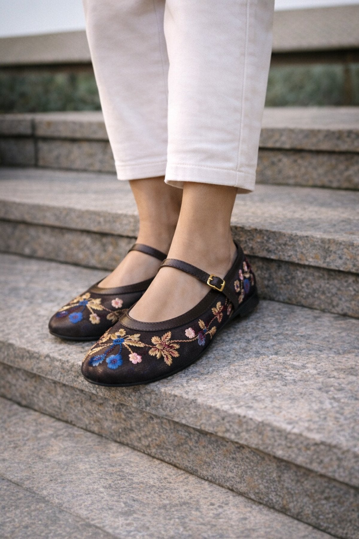 Kadın Kahve Çiçek Nakışlı Mary Jane Babet Günlük Rahat Babet Ayakkabı