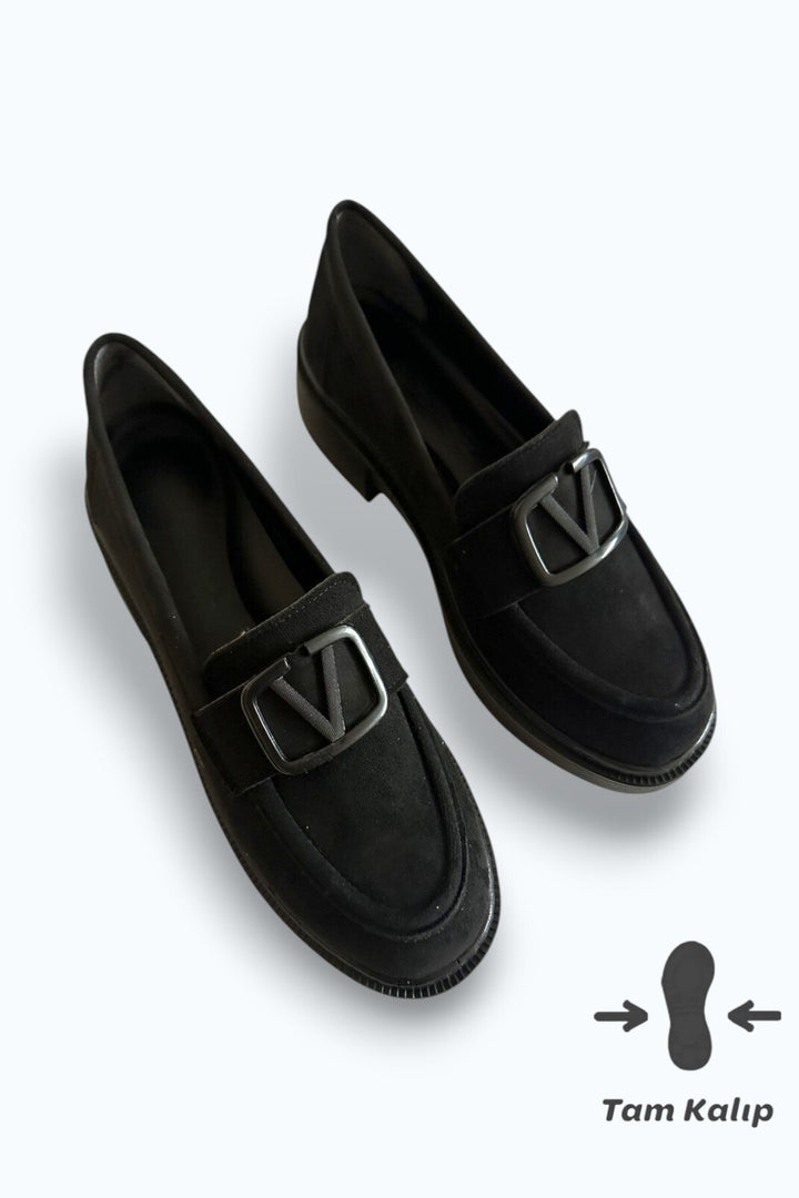 Kadın Siyah Süet Tokalı Loafer Günlük Rahat Taban Makosen Ayakkabı