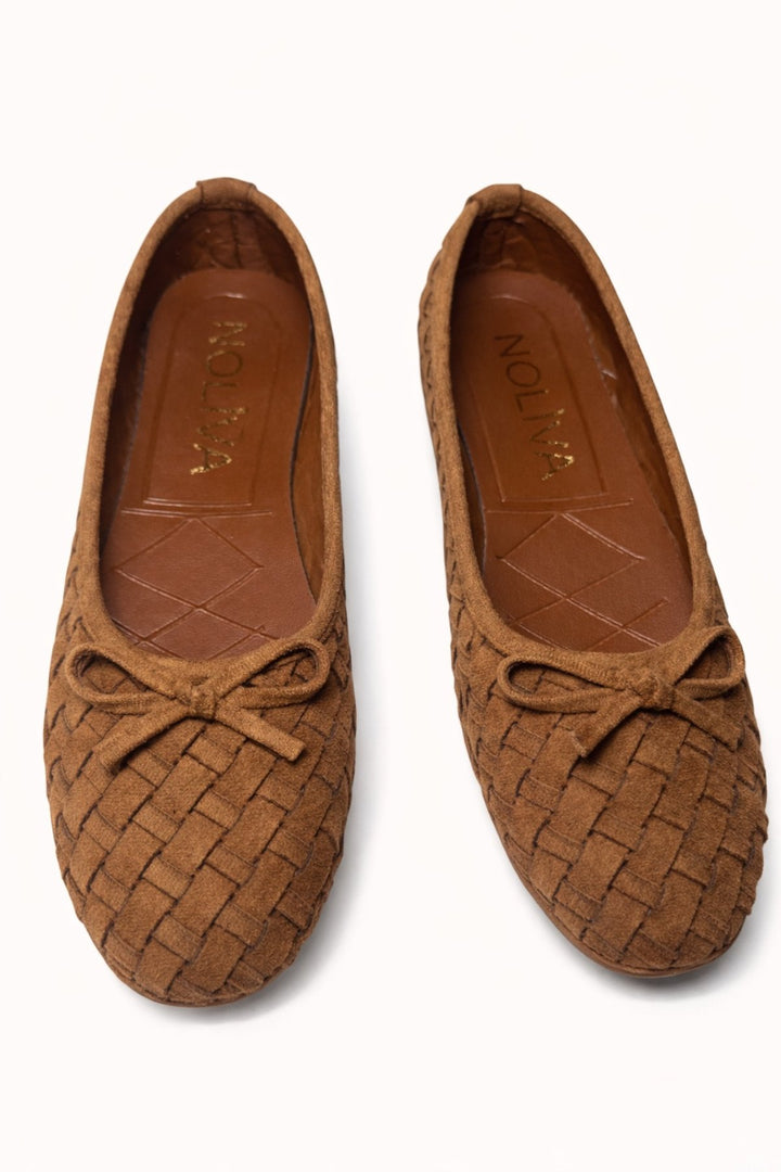 Kadın Taba Süet Dokulu Örgü Desenli Fiyonklu Babet