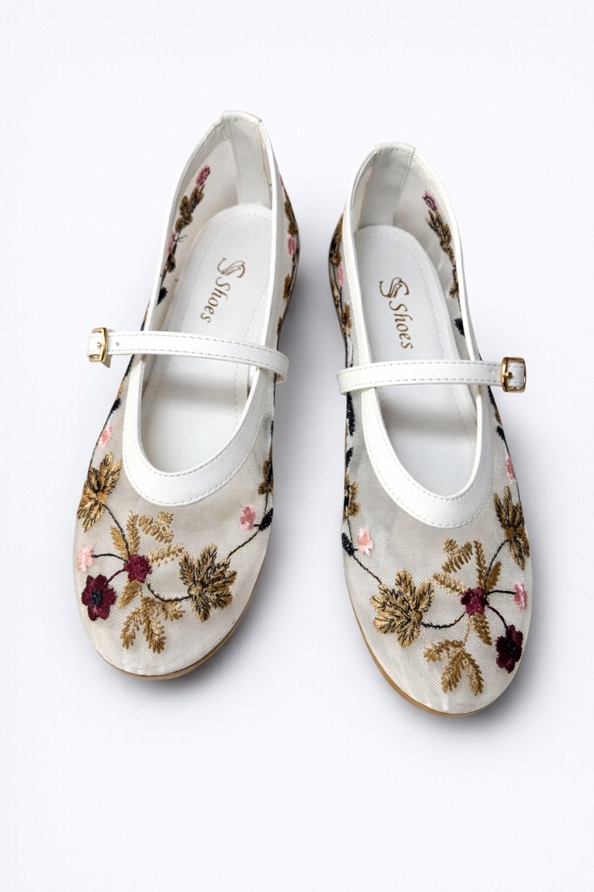 Kadın Beyaz Çiçek Nakışlı Mary Jane Babet Günlük Rahat Babet Ayakkabı