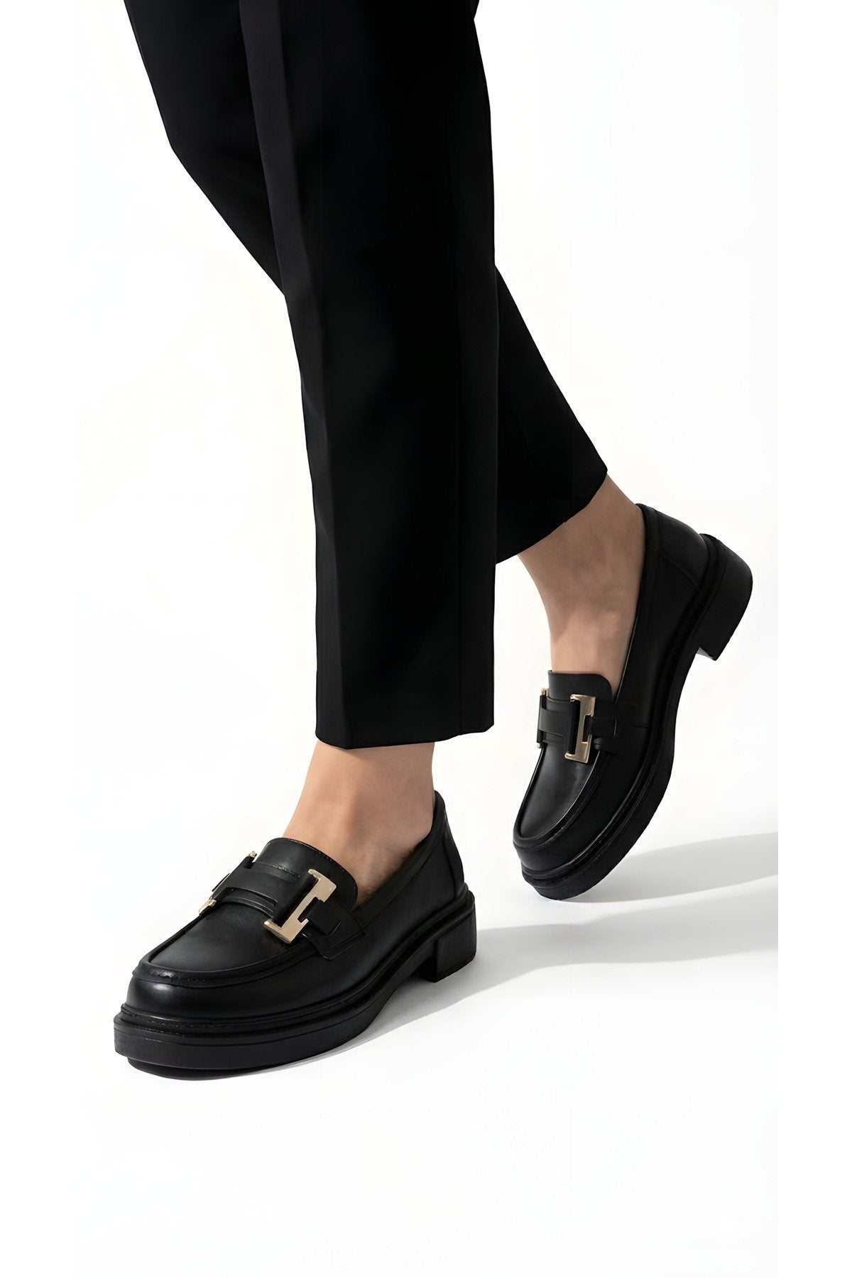 Kadın Siyah Cilt Tokalı Loafer Günlük Makosen Ofis Ayakkabısı