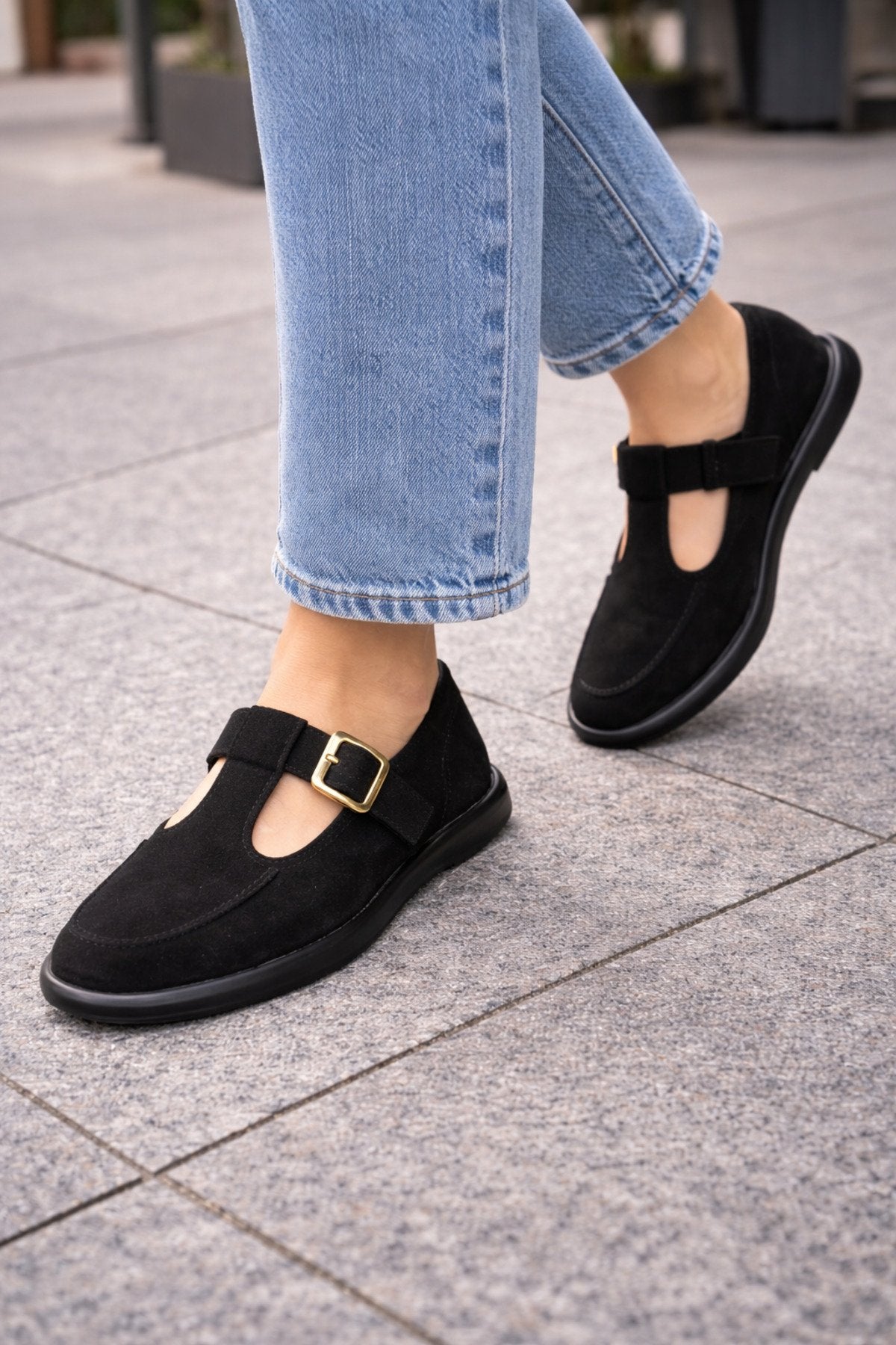 Siyah Süet Tokalı Kadın Babet Rahat Taban Günlük Mary Jane Kadın Ayakkabı