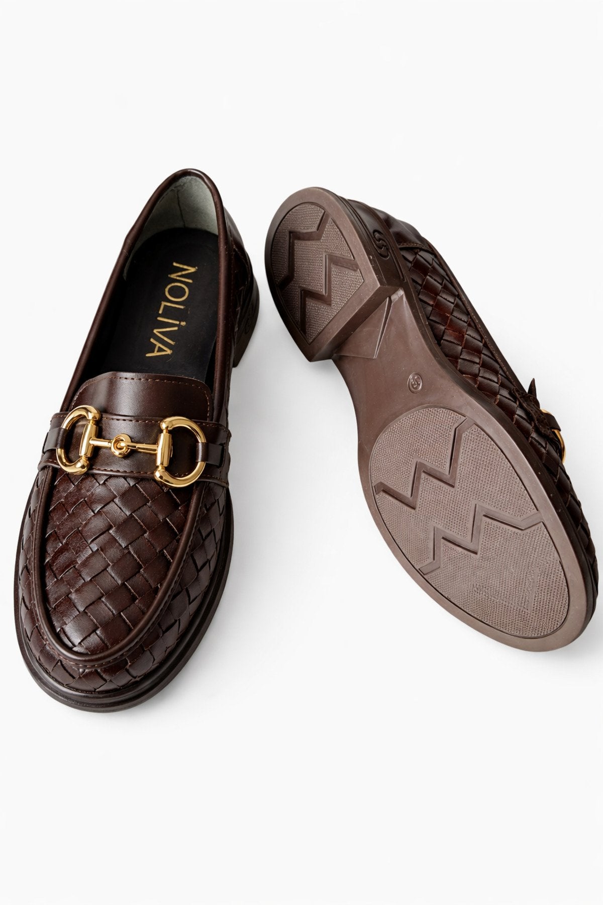 Kadın Örgü Desenli Gold Zincir Tokalı Kalın Tabanlı Loafer Ayakkabı